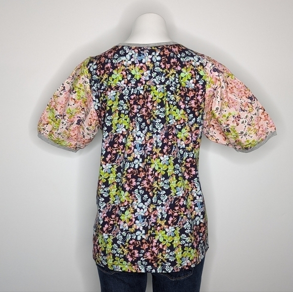 Anthro Maeve grey pink colorful floral puff balloon sleeve tshirt M - Picture 4 of 8